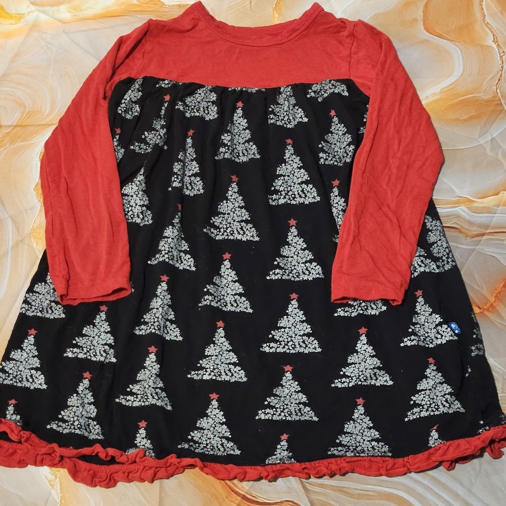 Kickee Kids Girls Size 5/6 Christmas Tree Holiday Tunic Dress Red Black - Picture 2 of 7